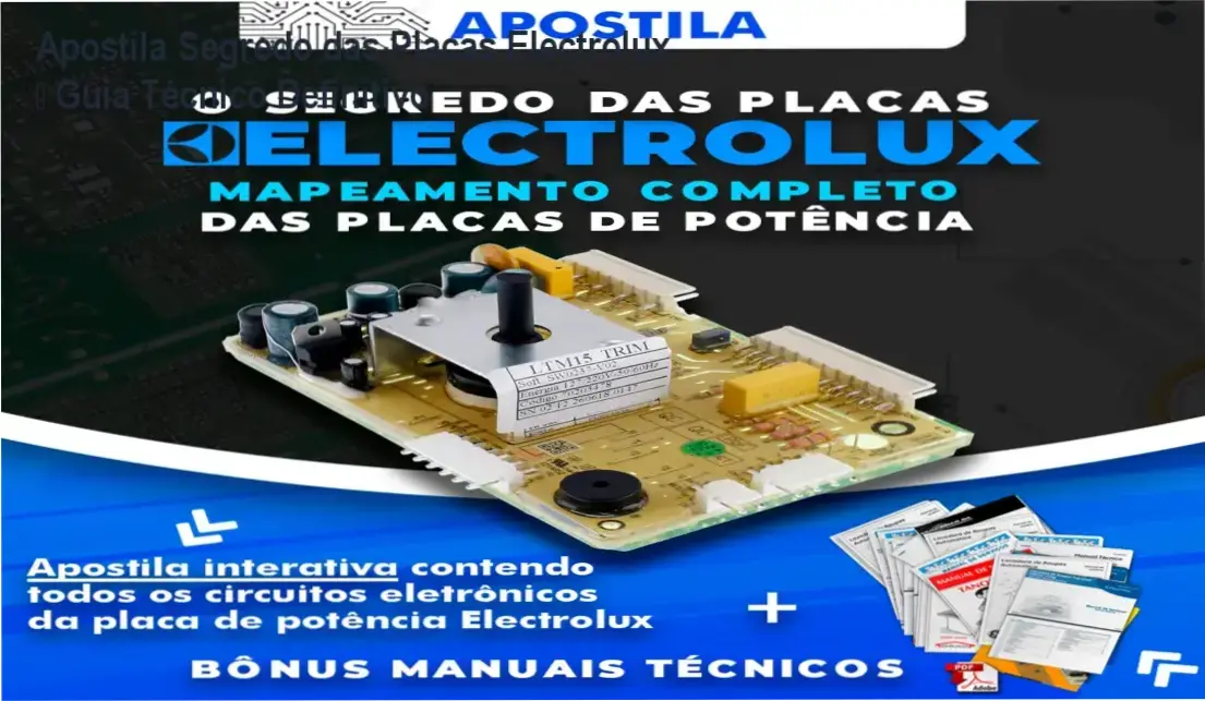 Capa da Apostila Segredo das Placas Electrolux mostrando diagramas de circuitos eletrônicos