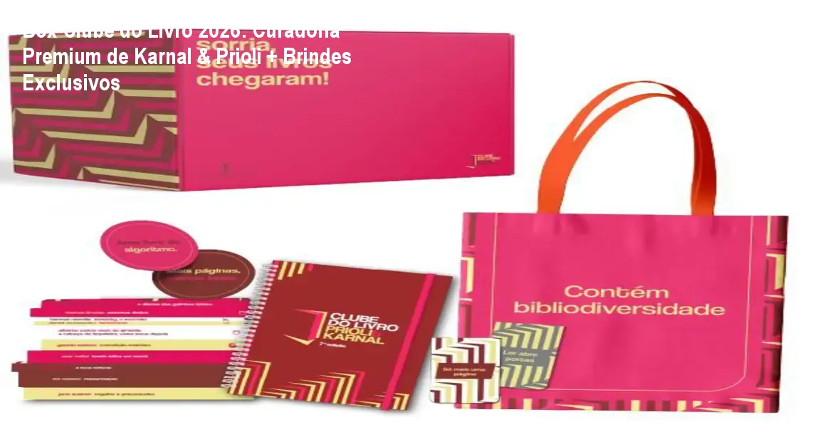 Caixa do Box Clube do Livro 2026 aberta mostrando os 11 livros, sobrecapas exclusivas e brindes como planner e ecobag