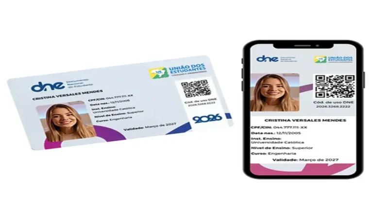 Carteira de estudante oficial DNE 2026 em destaque, mostrando o design digital e físico