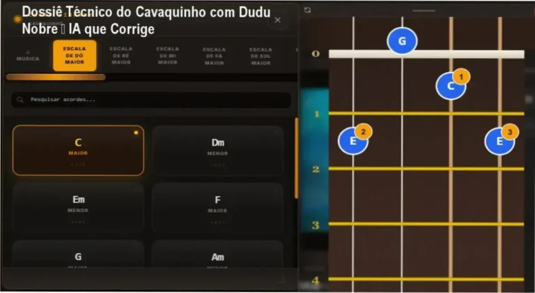 Tela da plataforma Cavaquinho com Dudu Nobre mostrando correção de notas em tempo real pelo microfone