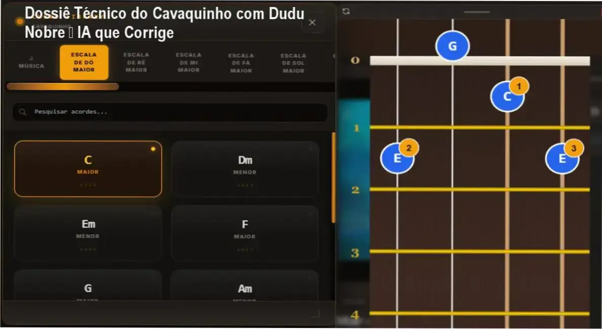 Tela da plataforma Cavaquinho com Dudu Nobre mostrando correção de notas em tempo real pelo microfone