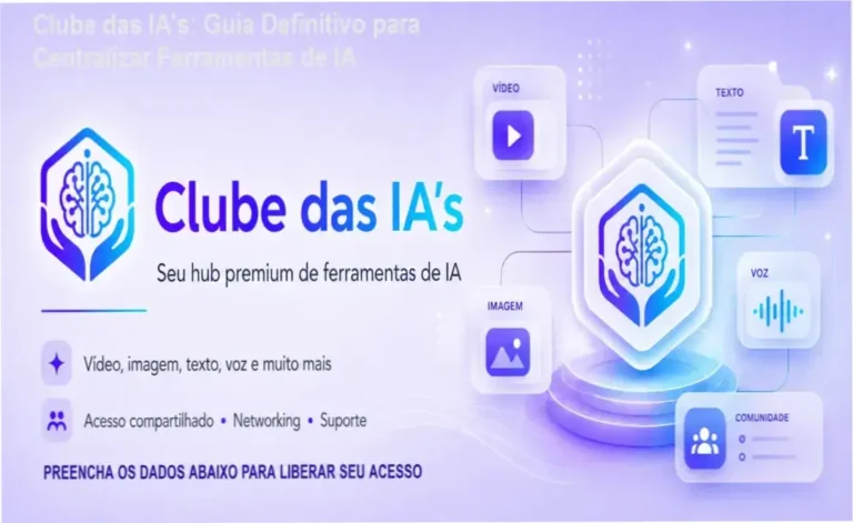 Visão geral do Clube das IA's mostrando a integração de ferramentas de vídeo, imagem, texto e áudio