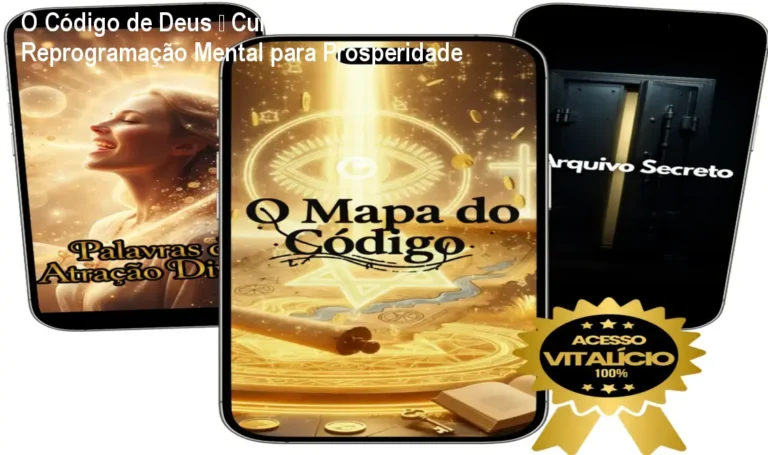 Imagem mostrando a página do curso O Código de Deus com destaque para acesso vitalício e benefícios de reprogramação mental