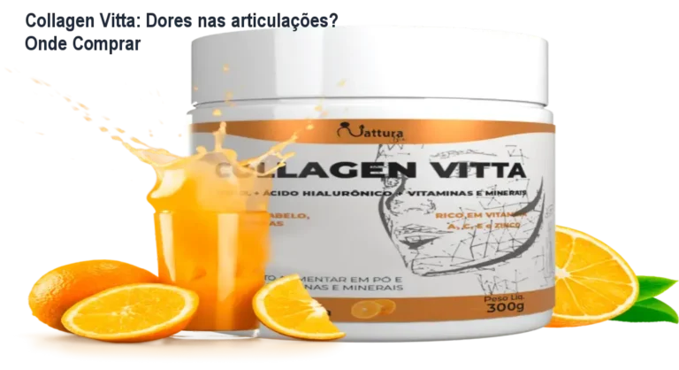 Frasco de Collagen Vitta ao lado de pele firme e joelho sem dor, mostrando benefícios estéticos e articulares