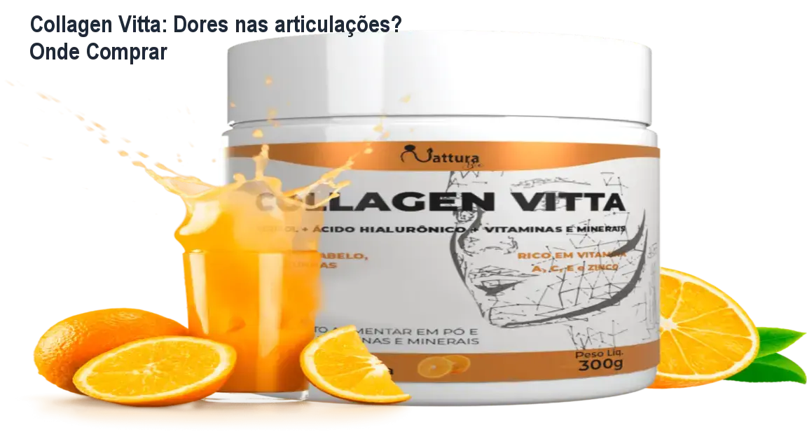 Frasco de Collagen Vitta ao lado de pele firme e joelho sem dor, mostrando benefícios estéticos e articulares