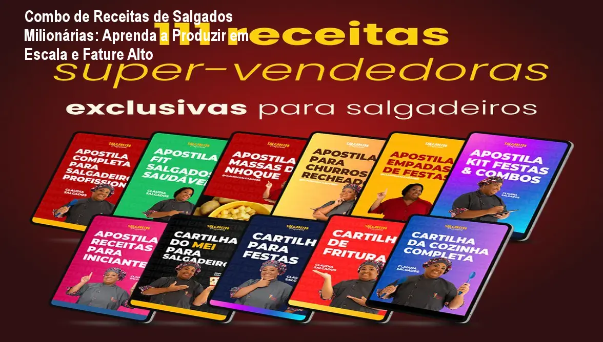 Apostilas digitais do Combo de Receitas de Salgados Milionárias mostrando técnicas de produção em máquinas