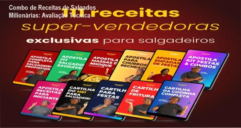 Comparativo visual do Combo de Receitas de Salgados Milionárias mostrando apostilas e benefícios para produção mecânica