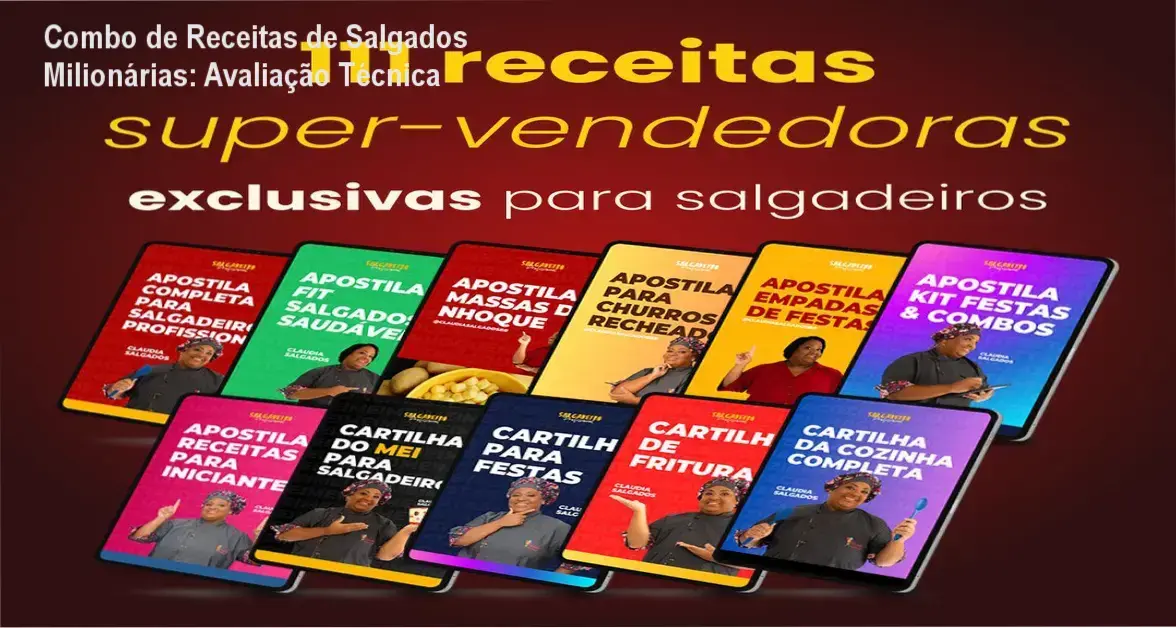 Comparativo visual do Combo de Receitas de Salgados Milionárias mostrando apostilas e benefícios para produção mecânica