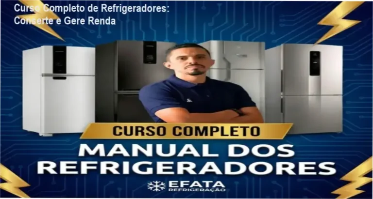 Tela do curso online mostrando módulos de conserto de geladeiras e estratégias de compra e venda