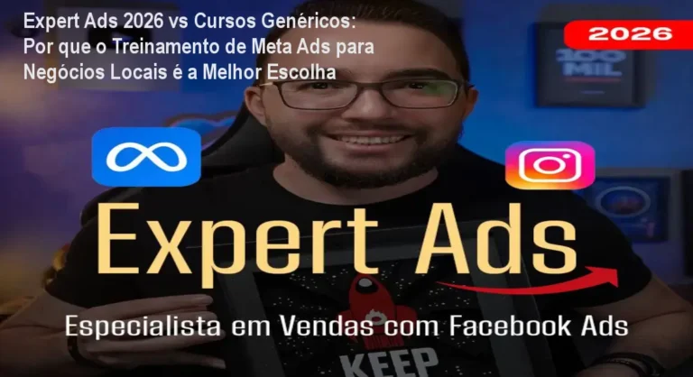 Imagem do curso Expert Ads 2026 mostrando tela de anúncios Meta com destaque para checklist de contingência e resultados concretos