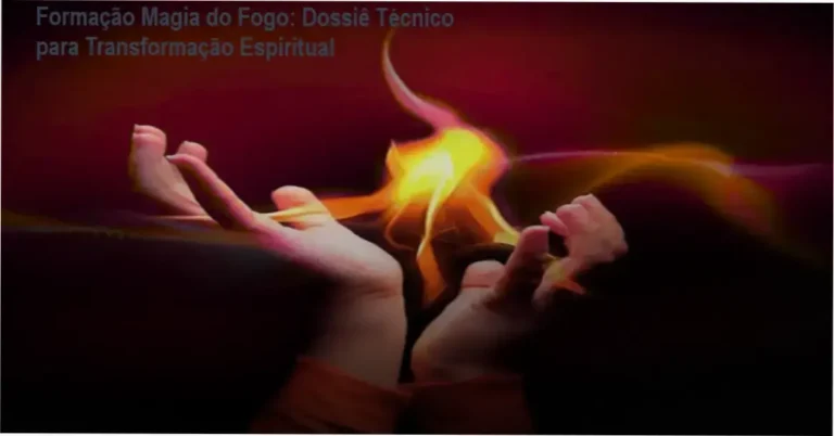 Ilustração da Formação Magia do Fogo mostrando símbolos das Sete Chamas Sagradas e aluno praticando ritual