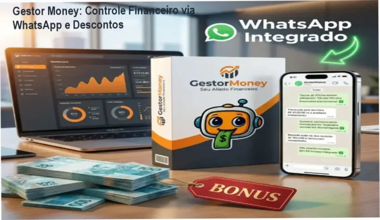 Tela do Gestor Money mostrando registro de despesas via WhatsApp e opções de cupons de desconto