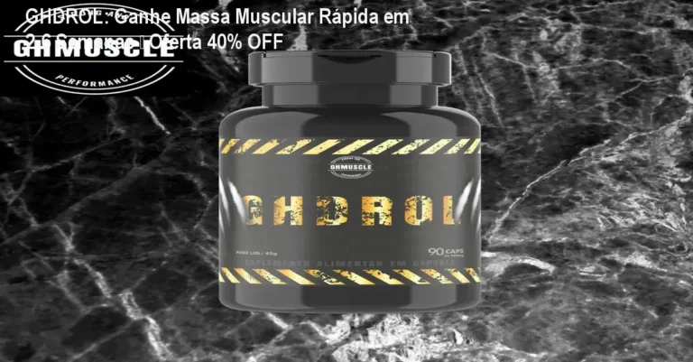 Frasco de GHDROL ao lado de halteres, mostrando aumento de massa muscular após uso