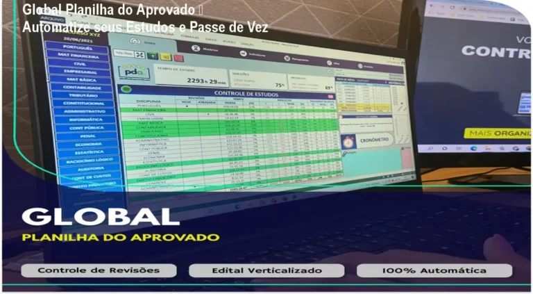 Planilha Global do Aprovado em ação, mostrando gráficos de desempenho e ciclo de estudos automatizado no Excel