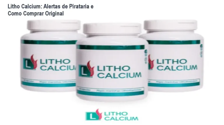 Imagem do frasco de Litho Calcium com cápsulas e pó, destacando a origem orgânica da alga Lithothamnium para suplementação mineral.