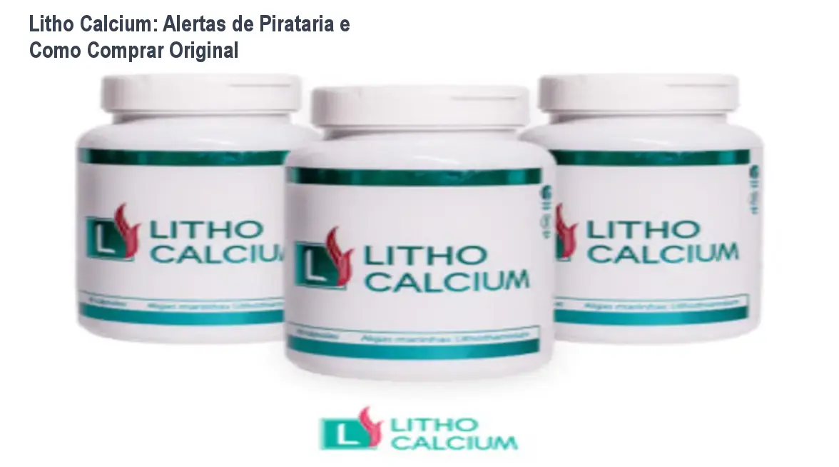 Imagem do frasco de Litho Calcium com cápsulas e pó, destacando a origem orgânica da alga Lithothamnium para suplementação mineral.
