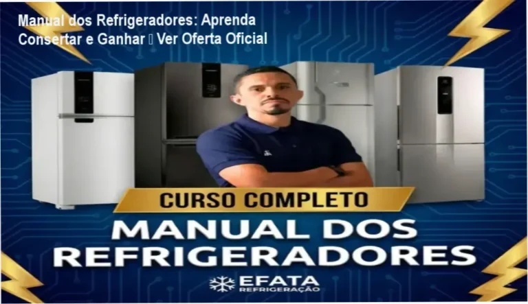 Capa do Curso Completo Manual dos Refrigeradores mostrando ferramentas e lucro ao consertar geladeiras