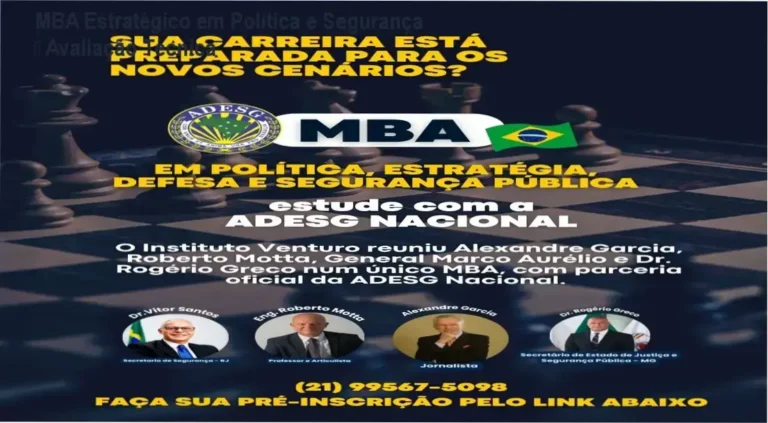 Imagem promocional do MBA em Política, Estratégia, Defesa e Segurança Pública com destaque ao corpo docente especializado