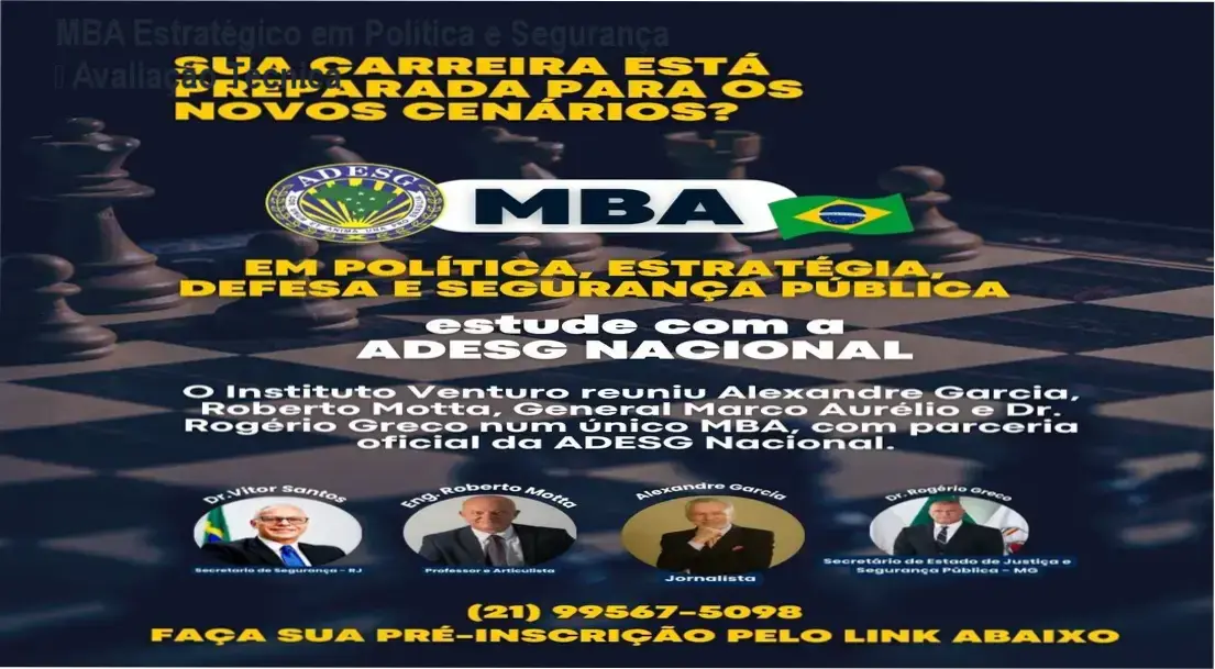 Imagem promocional do MBA em Política, Estratégia, Defesa e Segurança Pública com destaque ao corpo docente especializado