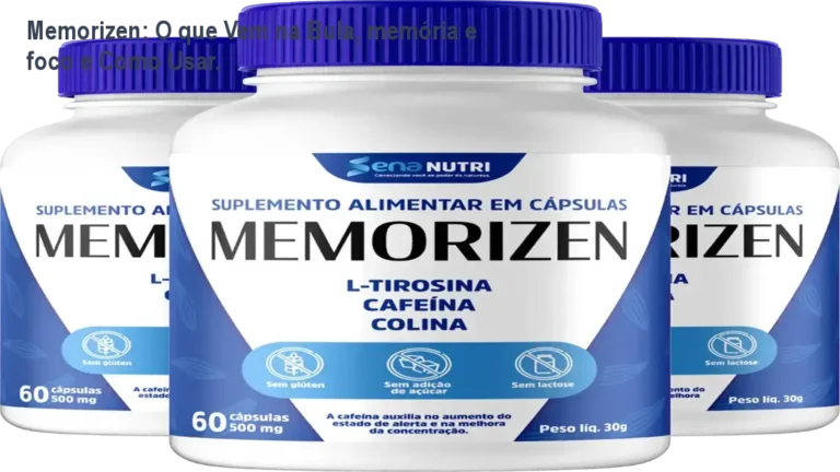 Frasco de Memorizen com destaque para colina, cafeína, vitaminas B, D3 e outros nutrientes cognitivos