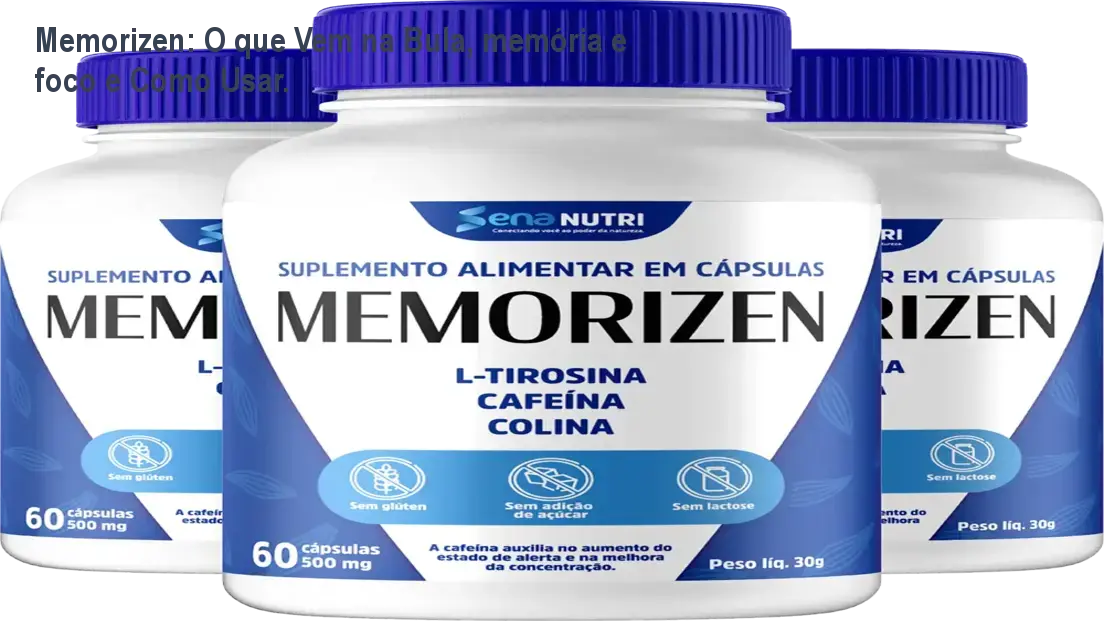 Frasco de Memorizen com destaque para colina, cafeína, vitaminas B, D3 e outros nutrientes cognitivos