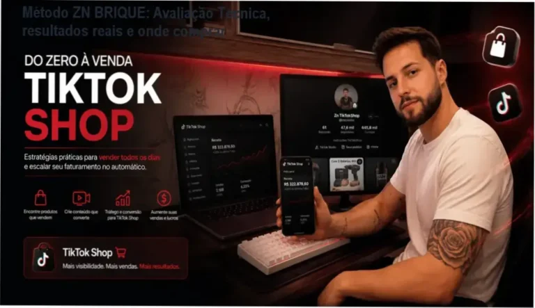 Imagem promocional do curso Método ZN BRIQUE mostrando resultados de vendas no TikTok e link de compra oficial
