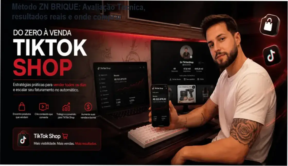 Imagem promocional do curso Método ZN BRIQUE mostrando resultados de vendas no TikTok e link de compra oficial
