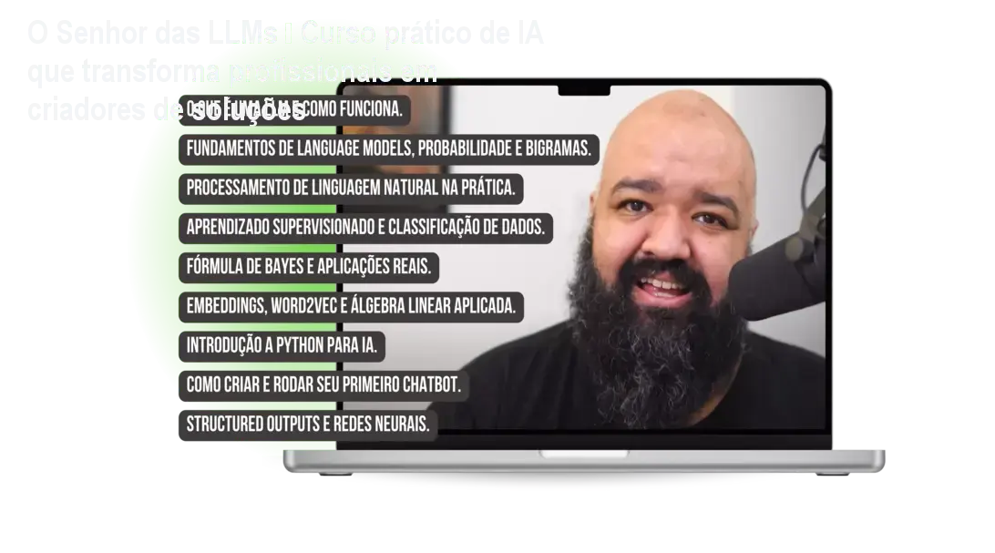 Imagem da capa do curso O Senhor das LLMs mostrando a criação prática de soluções de IA com benefícios reais para a carreira