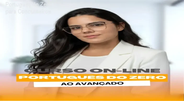 Imagem ilustrativa do curso Português do Zero mostrando módulos de gramática para concursos