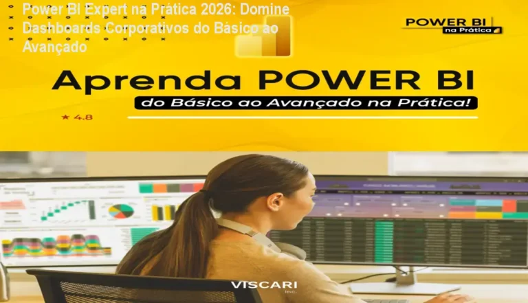 Imagem do curso Power BI Expert na Prática 2026 mostrando dashboards corporativos desenvolvidos em aulas práticas