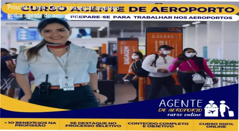 Imagem promocional do Curso Online de Agente de Aeroporto de Priscila Loren, destacando empregabilidade e bônus de vagas