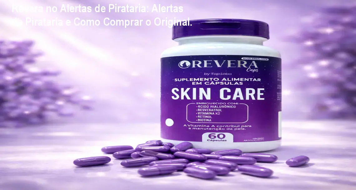 Imagem mostrando o frasco original de ReveraCaps e ReveraSerum ao lado de um selo de autenticidade