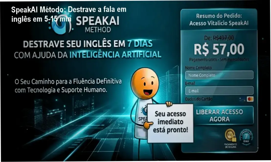 Método SpeakAI mostrando aula de frases em inglês para iniciantes