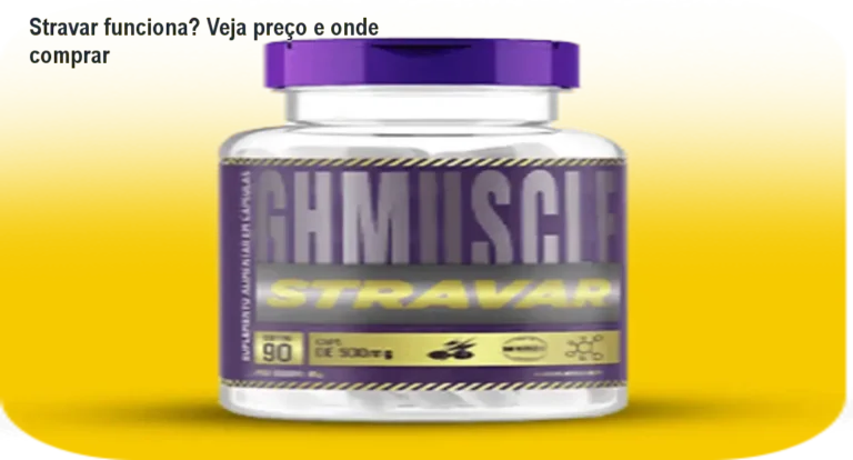 Frasco de Stravar sobre fundo fitness, representando suplemento para hipertrofia e energia