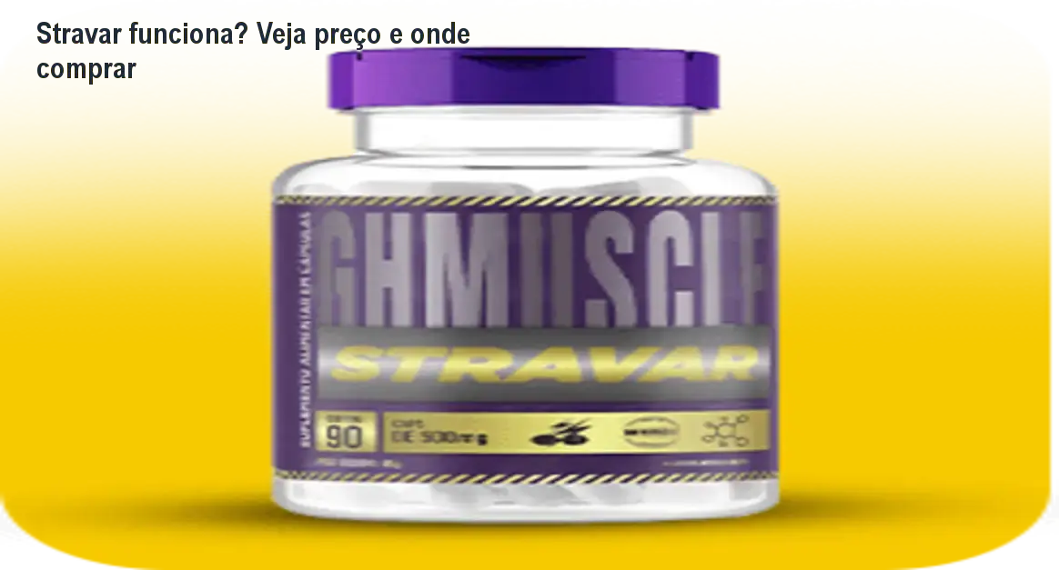 Frasco de Stravar sobre fundo fitness, representando suplemento para hipertrofia e energia