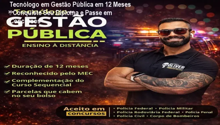 Tecnólogo em Gestão Pública concluído em 12 meses pelo Instituto Óliver, mostrando diploma e foco em concursos públicos