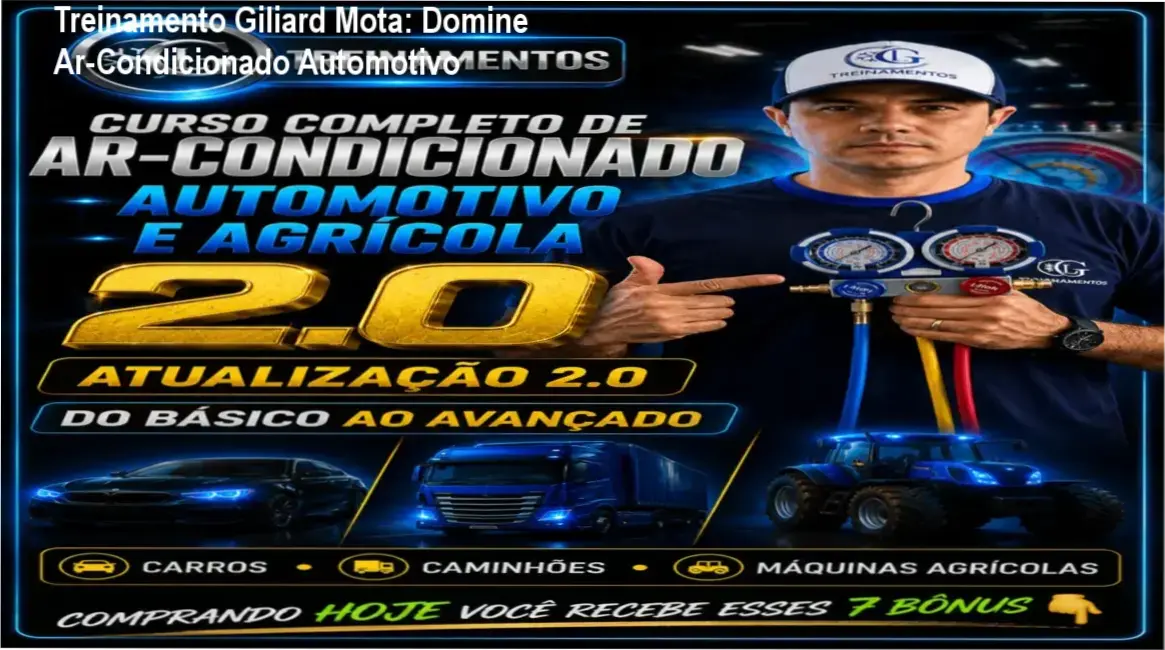 Tela do curso online de ar‑condicionado automotivo e agrícola de Giliard Mota mostrando módulos e suporte VIP