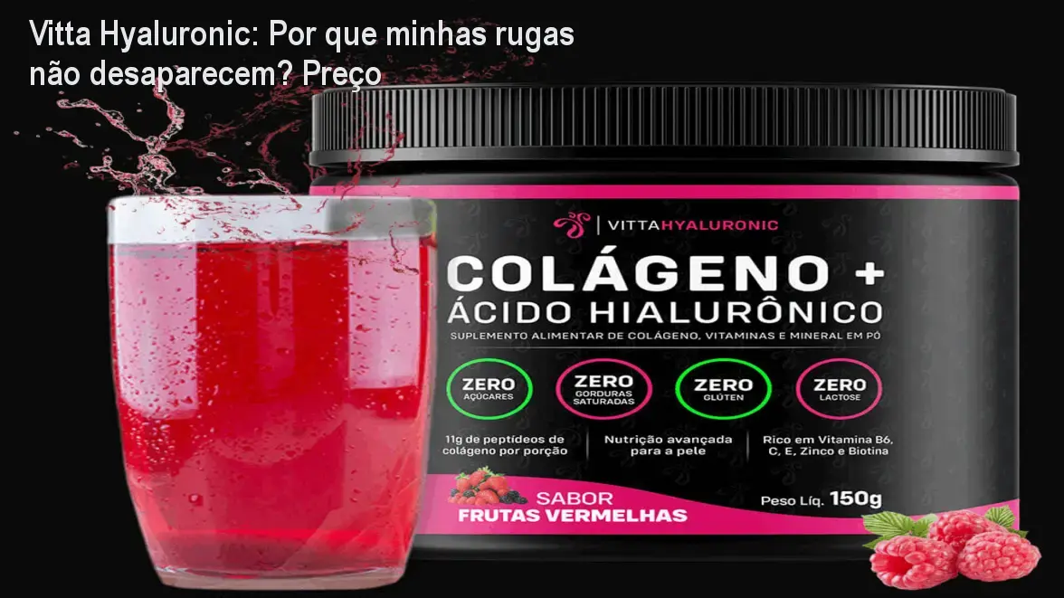 Frasco de Vitta Hyaluronic ao lado de frutas, destacando seu sabor agradável e ação anti-rugas