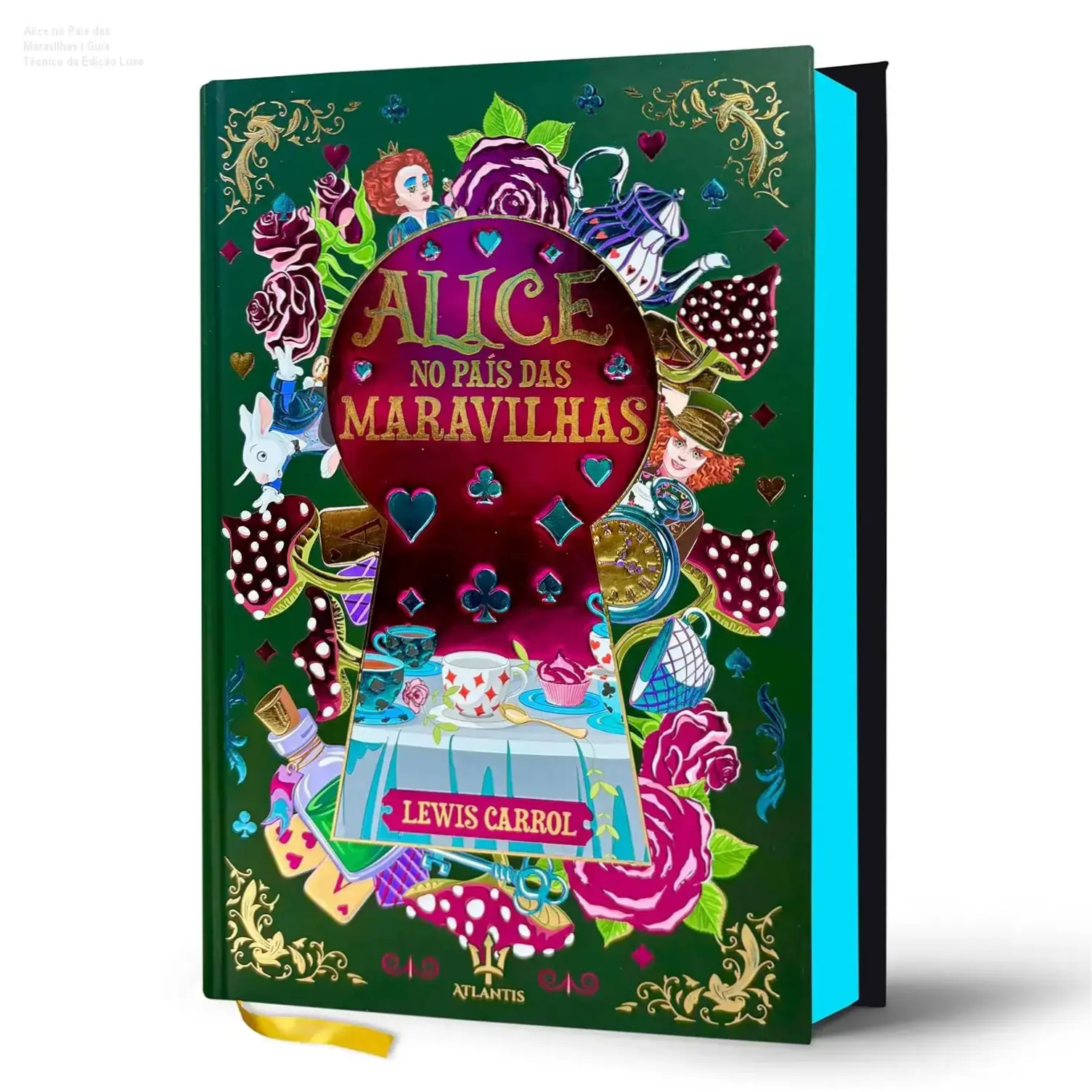 Capa dura elegante de Alice no País das Maravilhas com acabamento hot stamping e marcador de seda