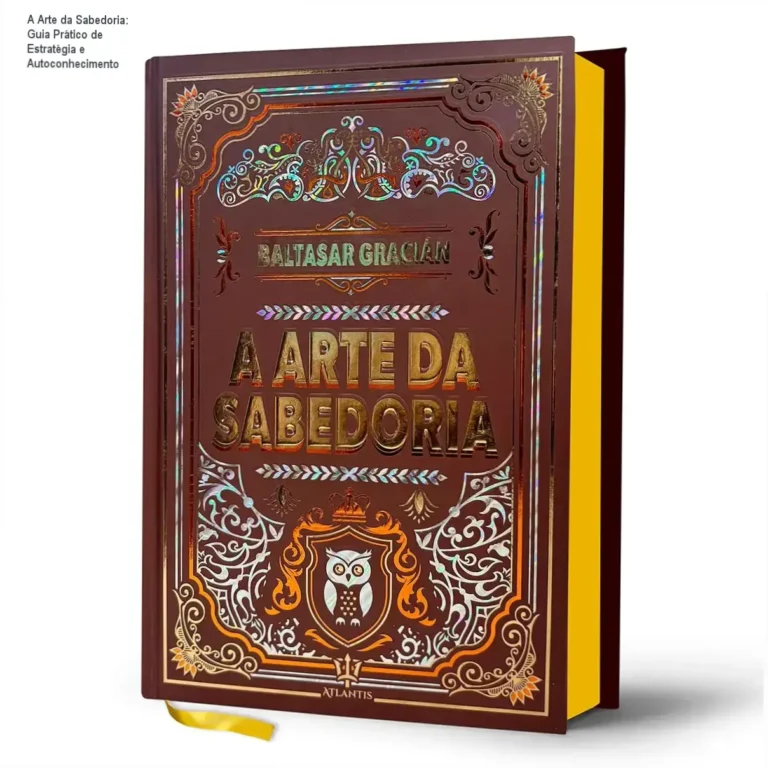 Capa dura estilizada do livro 'A Arte da Sabedoria' com acabamento hot stamping e marcador de filtra