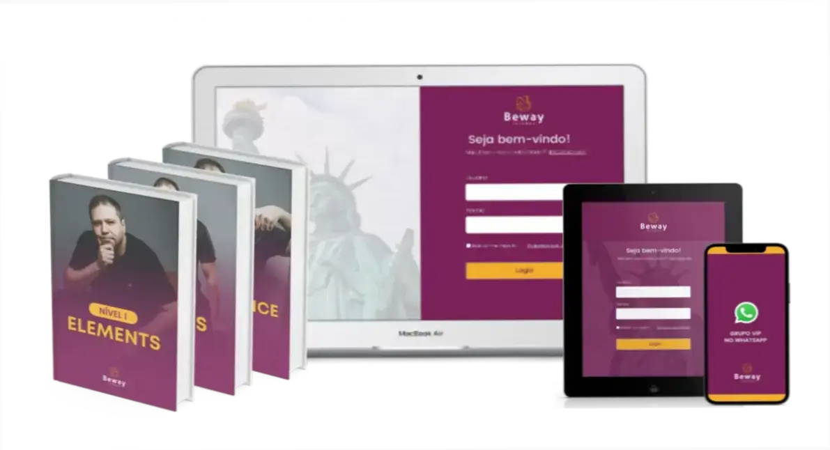 Plataforma Beway 2.0 para aprendizado de inglês com suporte direto.