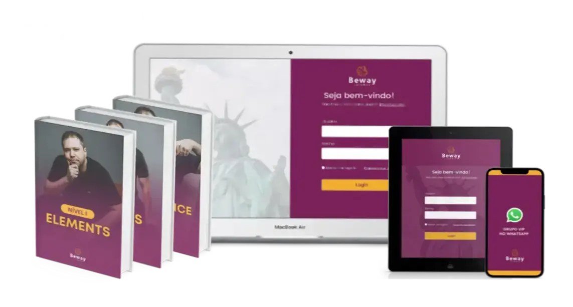 Imagem ilustrante do curso Beway Idiomas com interface da plataforma Beway e professor Jonas
