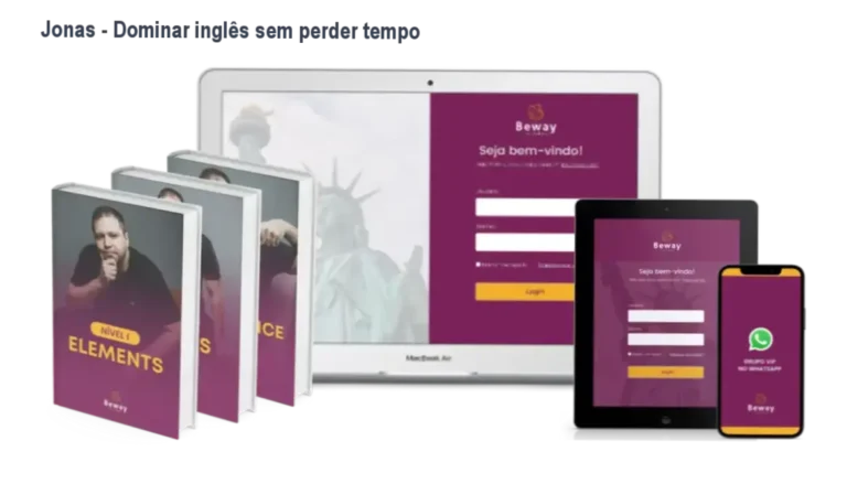Aluno aprendendo inglês com o método Beway Jonas, mostrando interface da plataforma e materiais didáticos