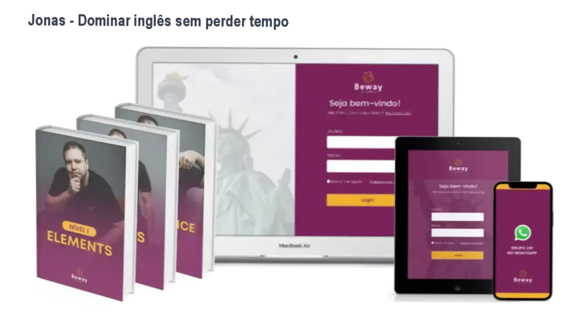 Aluno aprendendo inglês com o método Beway Jonas, mostrando interface da plataforma e materiais didáticos