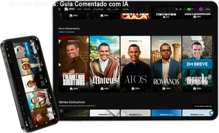 Página do app Bíblia Comentada muestranando vídeos explicativos e exemplos de análise bíblica com inteligência artificial
