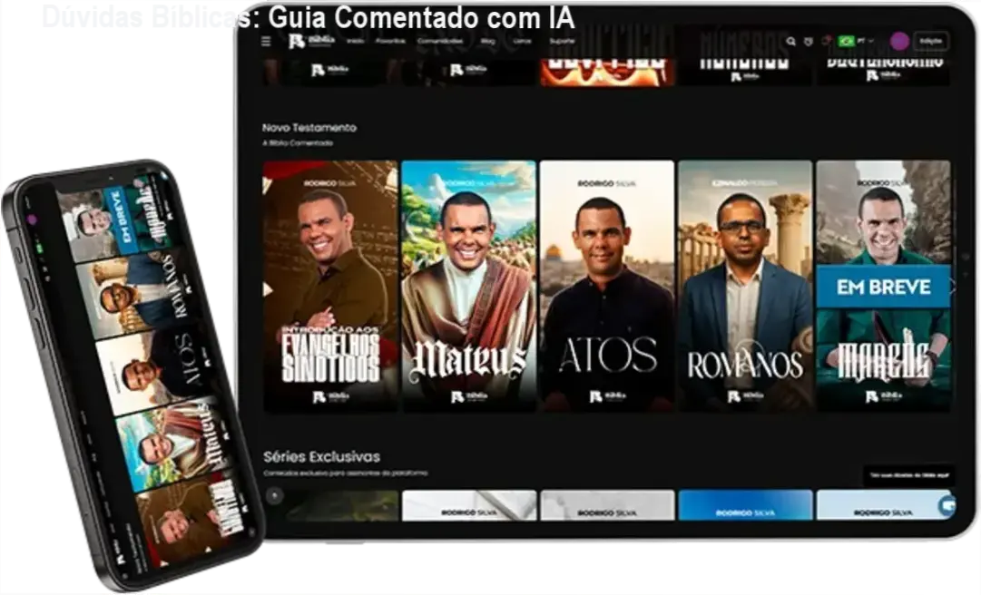 Página do app Bíblia Comentada muestranando vídeos explicativos e exemplos de análise bíblica com inteligência artificial