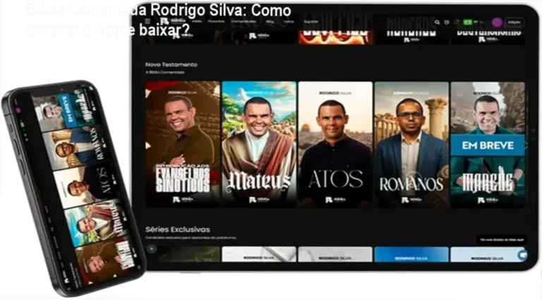 Imagem do App bíblico com destaque para a tela de login e opção de download via smartphone