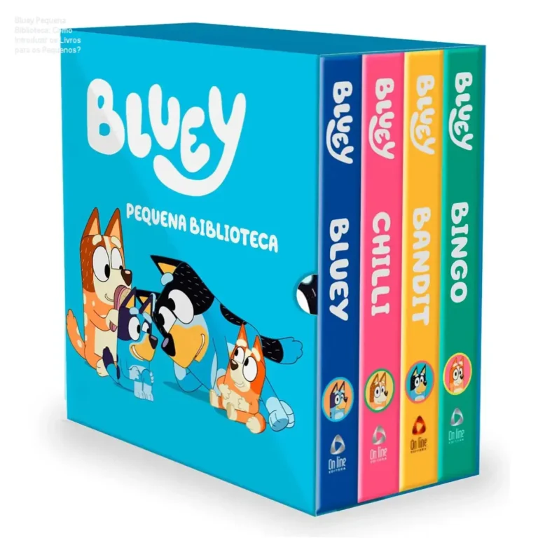Bluey Pequena Biblioteca: bastidores e visão interna do box com 4 livros infantis
