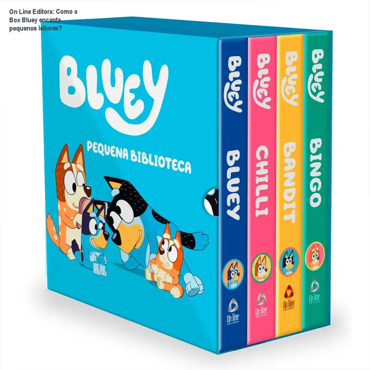 Bluey Pequena Biblioteca da Bluey On Line Editora bastidores e visão interna dos 4 livrinhos capa dura