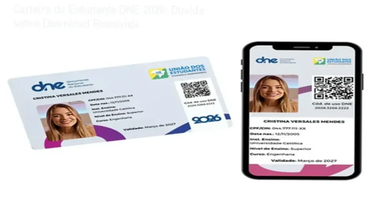 Aplicativo de carteira de estudante digitalizado com ícone do DNE e telas de validação oficial